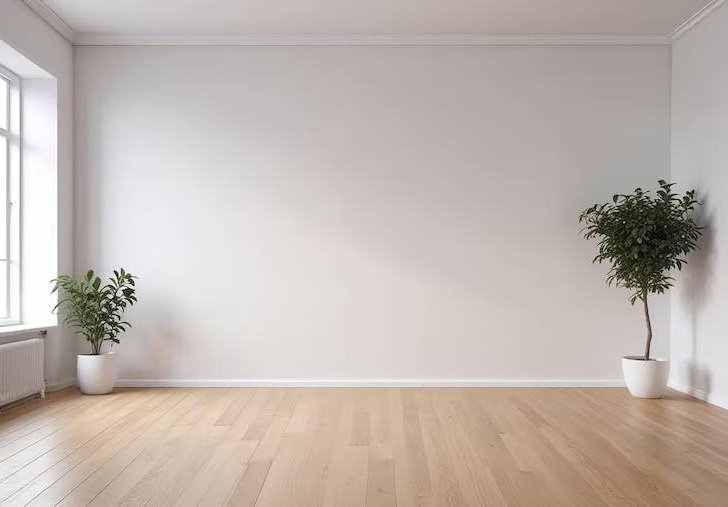 An empty room with bare walls, a wooden floor and two potted plants.